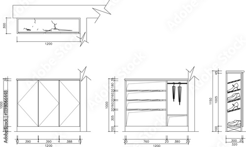 vector sketch, silhouette illustration, cupboard furniture design drawing for the living room