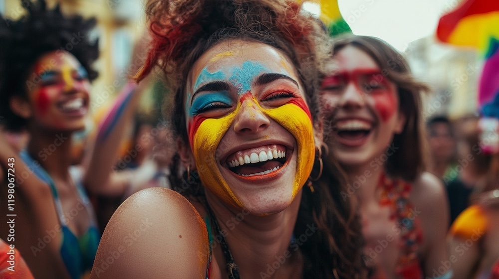 A Diverse Group of Friends with Colorful Face Paint Laughing and Embracing at a Parade A Diverse Group of Friends with Colorful Face Paint Laughing and Embracing at a Parade