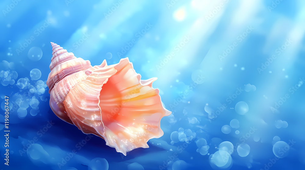 Closeup of a seashell on a blue background. Seashell. Illustration Closeup of a seashell on a blue background. Seashell. Illustration