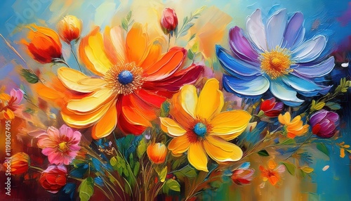 Vivid Oil Painting of Magnificent Bouquet on Canvas Generative Ai Vibrant Blossoms in Spectacular Artwork at photo