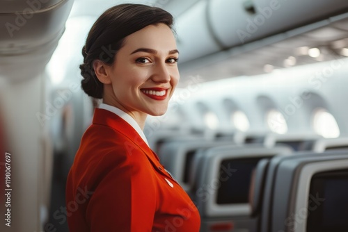 Flight attendant with a warm smile serving passengers in an airplane cabin photo