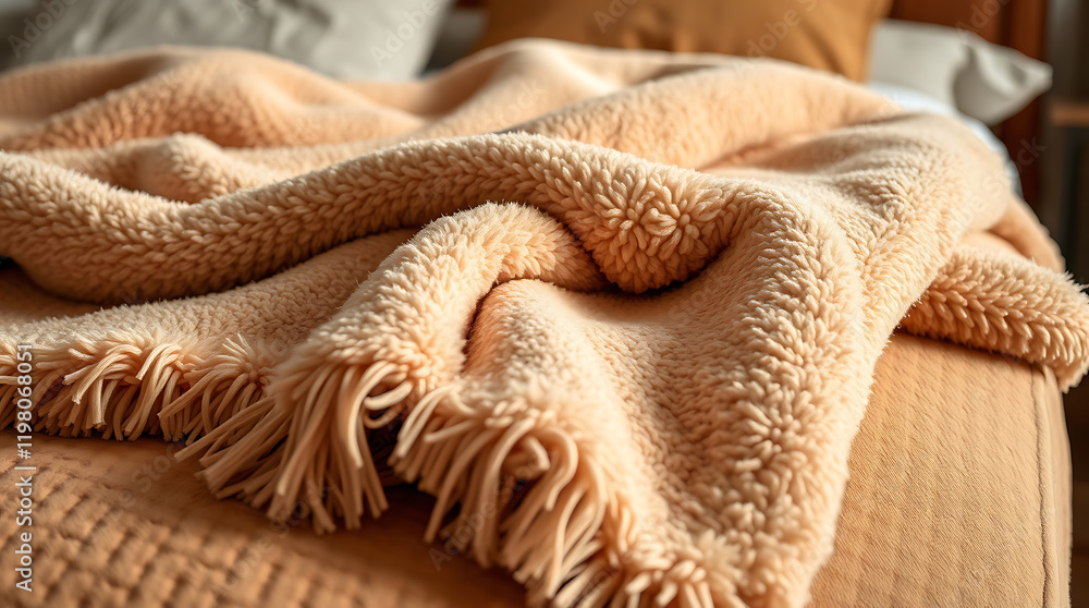 Cozy and Soft Plush Blanket for Relaxing at Home. Luxurious Texture and Warm Comfort for Bedroom Decor Cozy and Soft Plush Blanket for Relaxing at Home. Luxurious Texture and Warm Comfort for Bedroom Decor