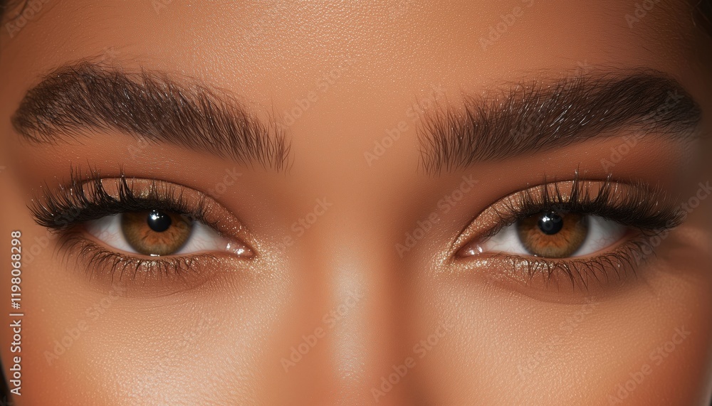 Obraz premium Meticulously Groomed Woman With Defined Eyebrows, Long Lashes, And Smooth Skin: Focus On Mascara Brand, Lash Volume, And Eye Enhancement.