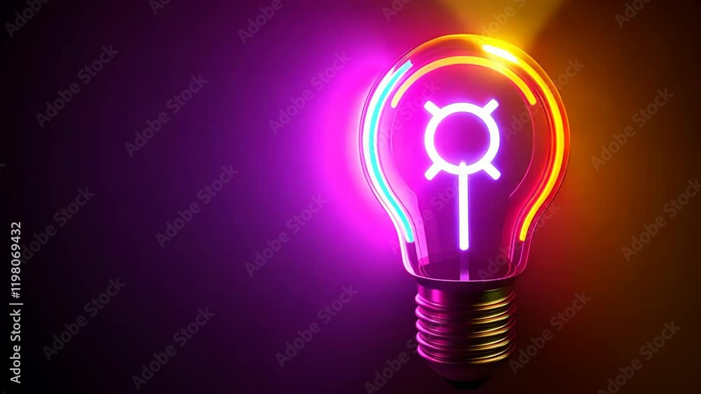 Bright neon light bulb glowing against a dark background highlighting colorful design elements and modern aesthetics Bright neon light bulb glowing against a dark background highlighting colorful design elements and modern aesthetics