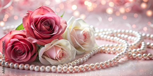 Elegant arrangement of soft pink and white roses intertwined with pearls on a pearly pink background, perfect for Valentine's Day, weddings, Mother's Day, and romantic floral designs.