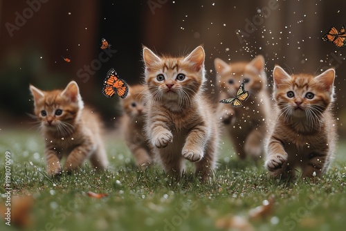 Kittens joyfully exploring the lawn while butterflies flutter around them photo