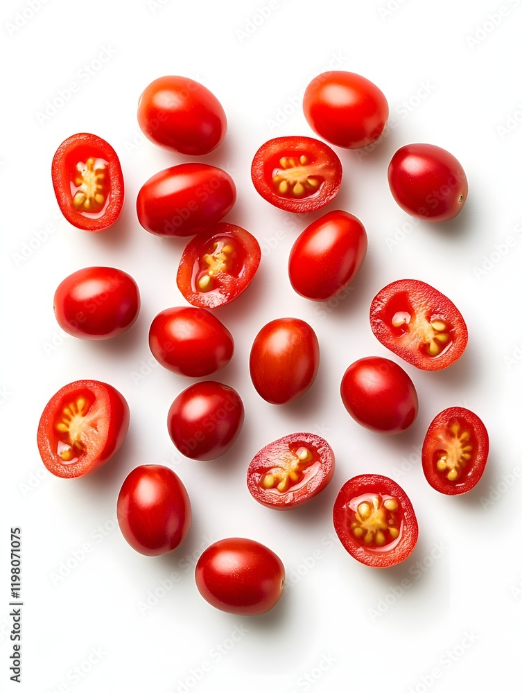 Red Cherry Tomatoes Whole and Halved on White Background Red Cherry Tomatoes Whole and Halved on White Background