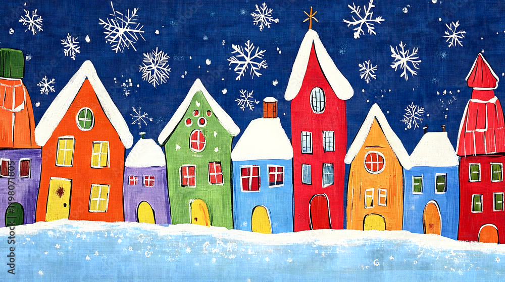 Colorful, whimsical houses with snowflakes against a blue background, creating a cozy winter scene Colorful, whimsical houses with snowflakes against a blue background, creating a cozy winter scene
