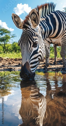 A close-up of a zebra drinking from a water source, reflecting its striking black and white stripes under a clear blue sky.
