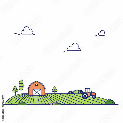 Flat Vector Illustration of Agricultural Scene Depicting Rural Farming Practices and Sustainable Agriculture Concept