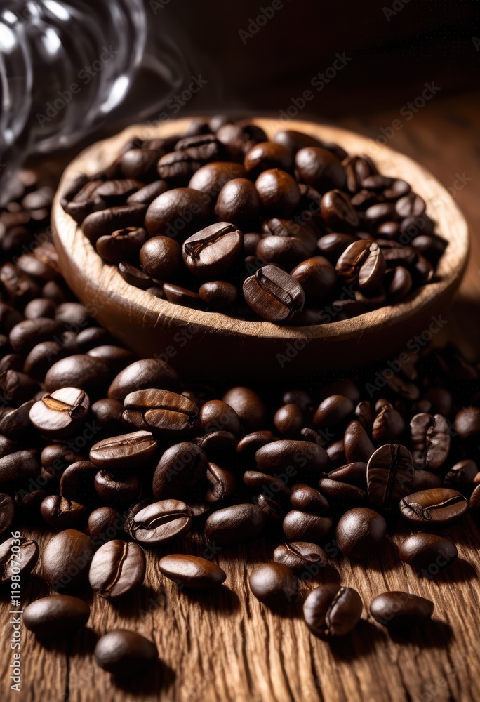 Fototapeta premium freshly steamed coffee beans wooden table bathed soft natural light creating warm inviting atmosphere coffee lovers, artisan, barista, beverage, brownie
