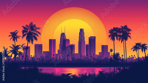 Retro Sunset over Los Angeles Skyline with Palm Trees