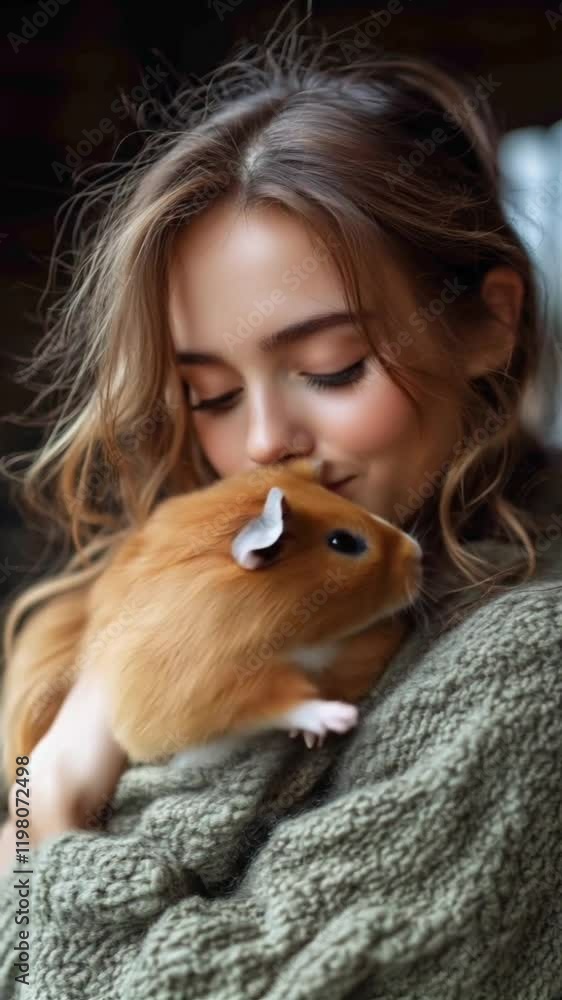 smiling woman lovingly holds a fluffy brown and white guinea pig close to her, wrapped in a cozy knitted sweater. The warm and intimate setting radiates comfort and affection smiling woman lovingly holds a fluffy brown and white guinea pig close to her, wrapped in a cozy knitted sweater. The warm and intimate setting radiates comfort and affection