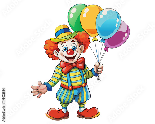 Cheerful clown waving with festive balloons