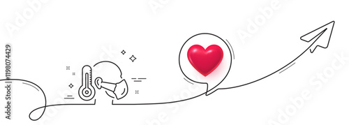 Sick man with medical mask line icon. Continuous line with share plane. Safety respiratory mask sign. Coronavirus face protection symbol. 3d heart in speech bubble. Sick man single line ribbon. Vector