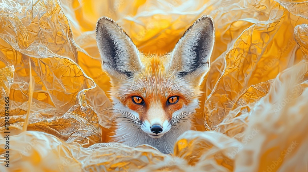 Fototapeta premium A yellow-orange leaf background shows the fox's face in sharp focus, while its blurry head is out of focus