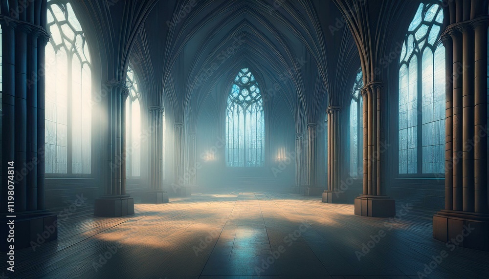 foggy hall interior in gothic ancient chapel with tall windows and columns empty dark abandoned mystical place