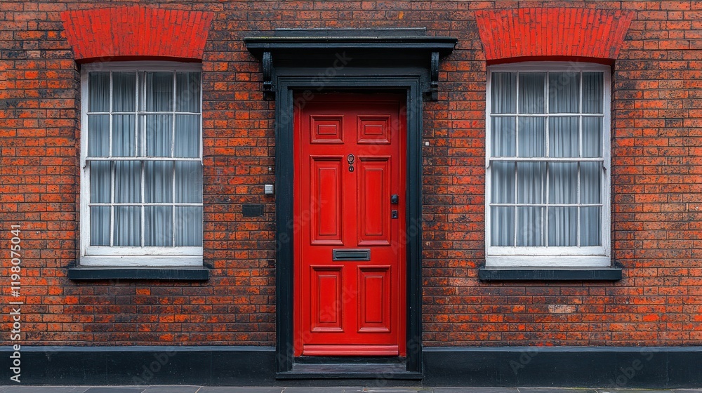 Fototapeta premium Vibrant red door and windows on a classic brick wall, showcasing architectural beauty in a serene neighborhood