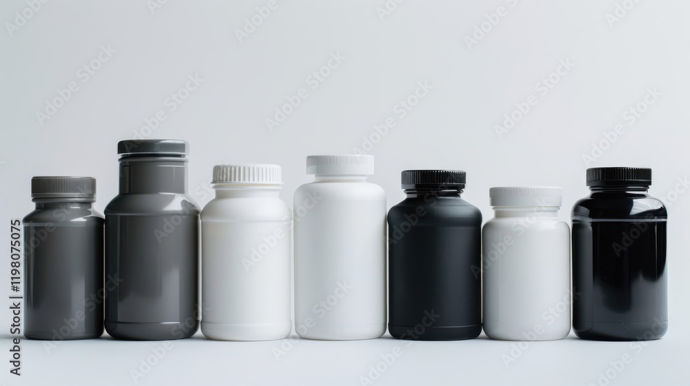 White and gray plastic health product bottles arranged on a white background White and gray plastic health product bottles arranged on a white background