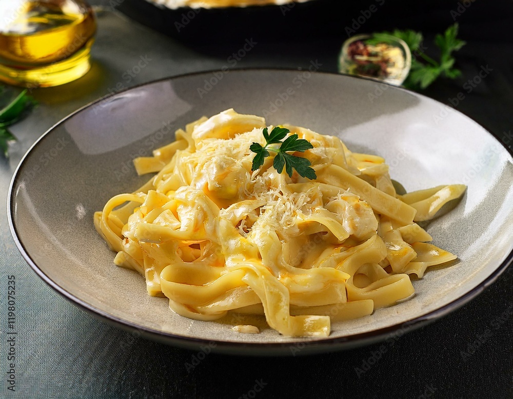 a plate of cheesy pasta drizzled with olive oil and garnished delightfully a plate of cheesy pasta drizzled with olive oil and garnished delightfully