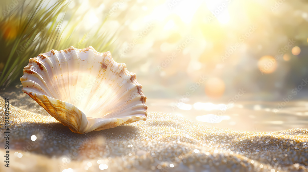 A close-up of a seashell on a sandy beach with a blurry background, illuminated by the sun. Seashell. Illustration A close-up of a seashell on a sandy beach with a blurry background, illuminated by the sun. Seashell. Illustration