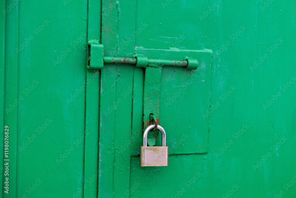 A green door with a padlock attached to it A green door with a padlock attached to it