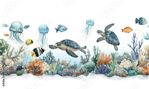 An isolated background featuring a seamless underwater banner with sea animals and fish, hand-drawn in watercolor with tropical marine flora. An undersea pattern includes seabed, corals, reefs, and photo