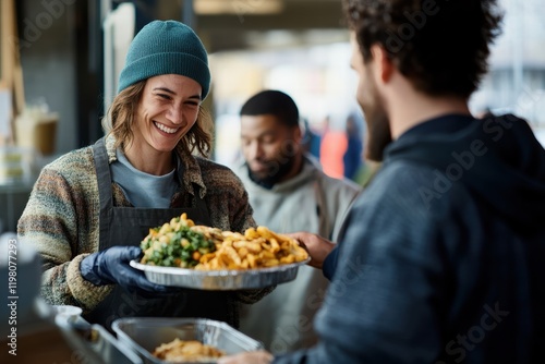 Volunteer serves lunch with a smile to a grateful recipient in a community kitchen setting
