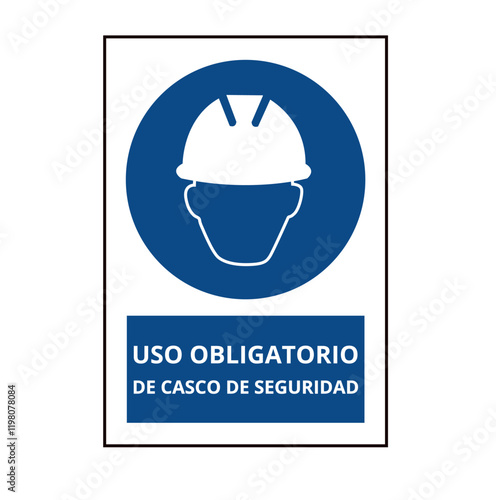 Blue uso obligatorio casco de seguridad sign on a white background (trad. safety helmet must worn)