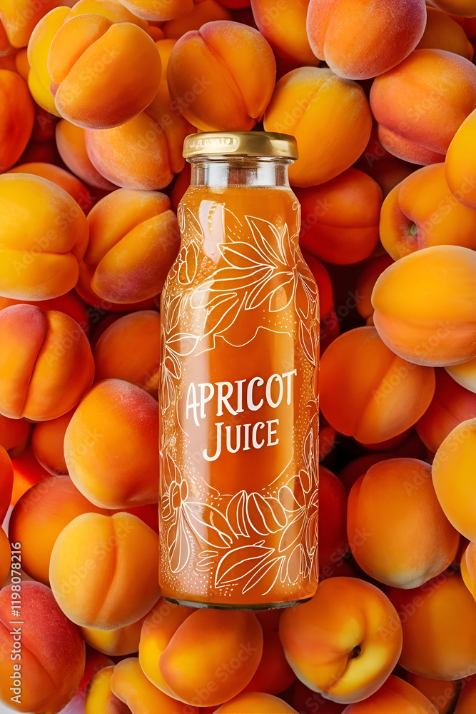 apricot juice in bottle around ripe abandoned apricots background. Digital artwork. Ai generated