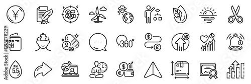 Vitamin, Analysis graph and Sunrise line icons pack. Share, Message, Paper plane icons. Yen money, Box size, Windmill turbine web icon. Ph neutral, Reminder, Currency rate pictogram. Vector