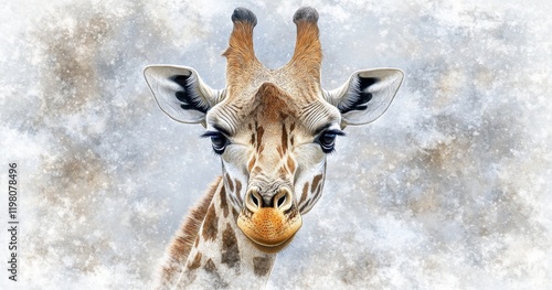 A watercolor illustration featuring a giraffe set against a watercolor backdrop. Adorable animal artwork photo