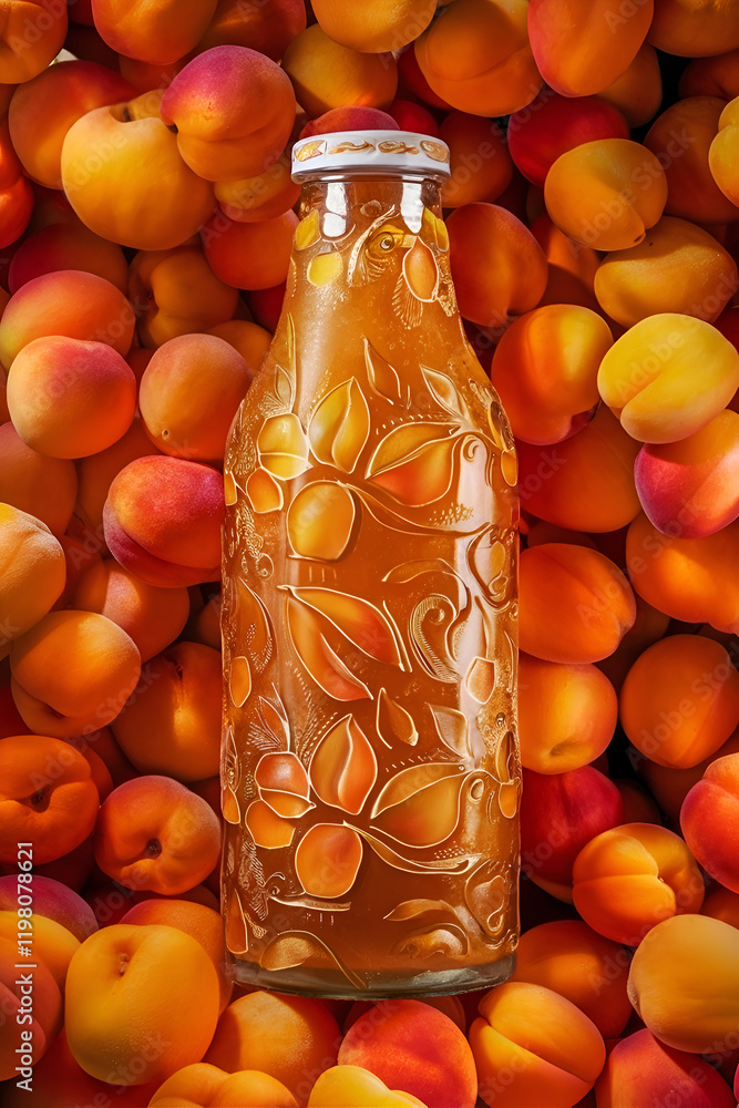 apricot juice in bottle around ripe abandoned apricots background. Digital artwork. Ai generated