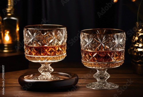 elegant whiskey glass set displayed dark wood surface highlighting design aesthetics craftsmanship, elegance, shine, style, drinkware, barware, home, decor photo