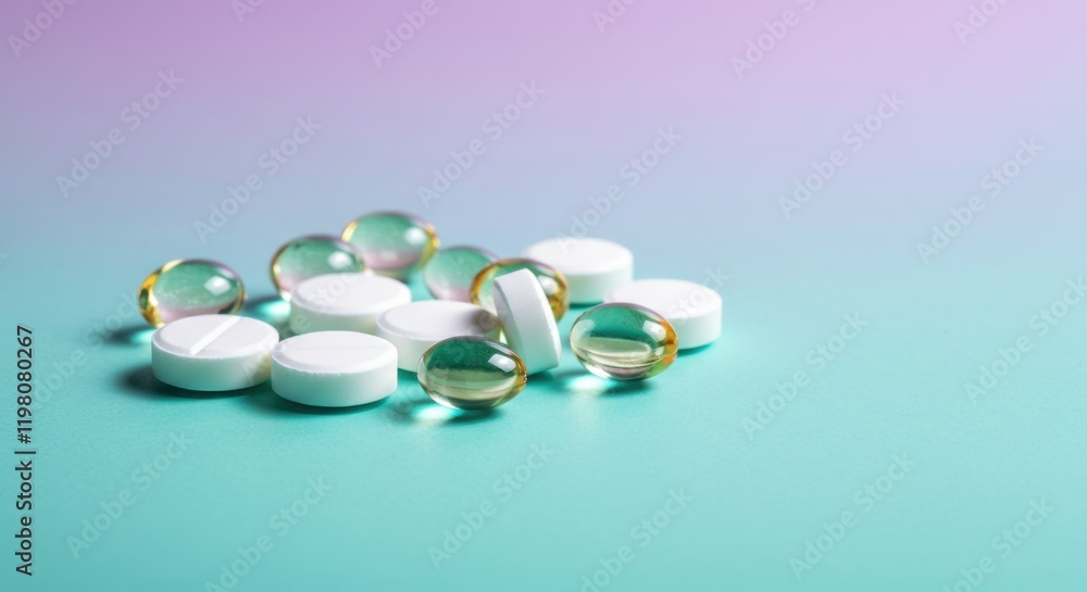 Assorted pills on pastel background - capsules and tablets with soft lighting Assorted pills on pastel background - capsules and tablets with soft lighting