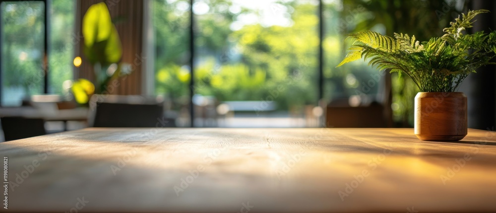 Sunlit Wooden Table in a Modern Cafe with a Lush Garden View Sunlit Wooden Table in a Modern Cafe with a Lush Garden View