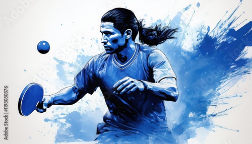 Vibrant Watercolor Depiction of Table Tennis Player in a Blue Ink Silhouette, Enhanced by Splash Effects and Light Blue Hues, Celebrating the Sports Agility. photo