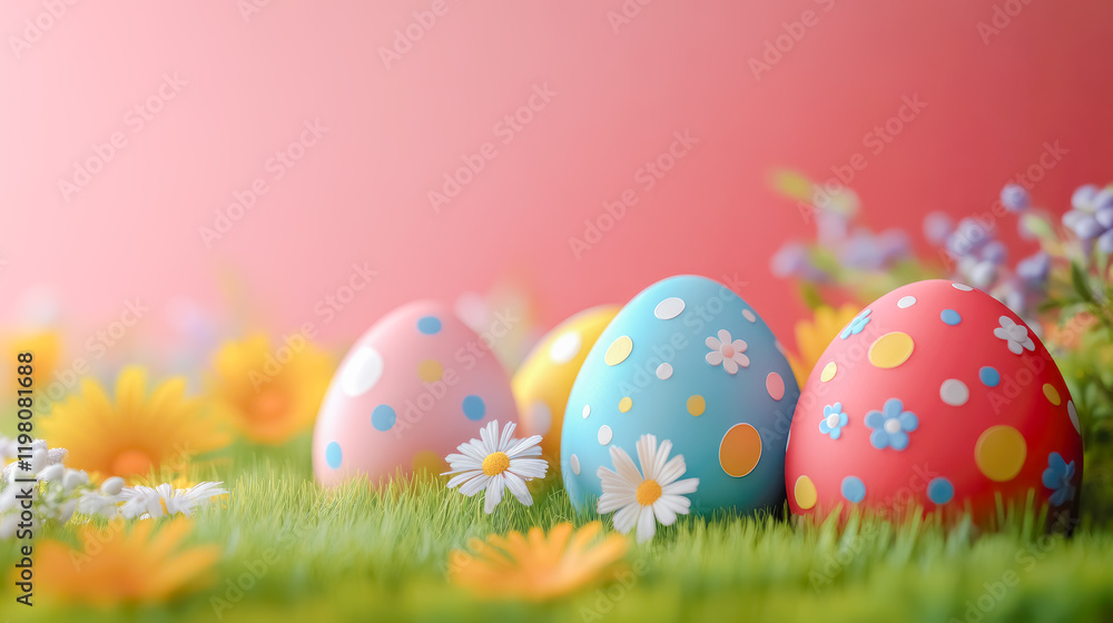 Colorful Easter Eggs on Grass with Flowers white Pink in Background. Happy Easter Day