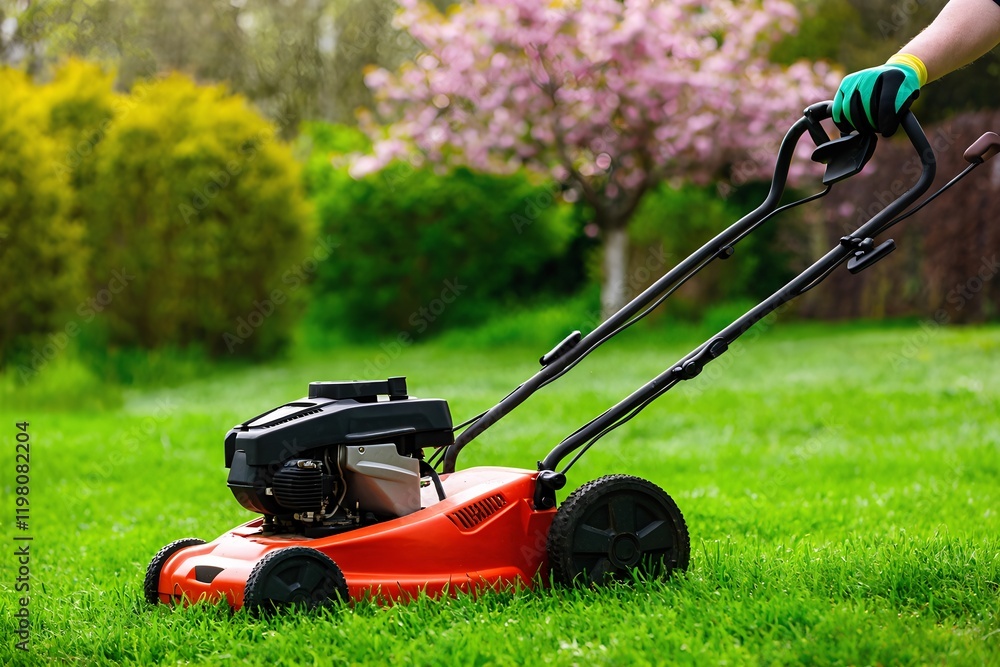 Mowing the lawn on a sunny spring day surrounded by blooming flowers Mowing the lawn on a sunny spring day surrounded by blooming flowers