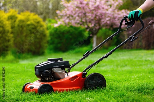 Mowing the lawn on a sunny spring day surrounded by blooming flowers