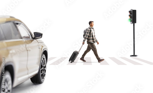 Full length profile shot of a student with a suitcase crossing a street photo