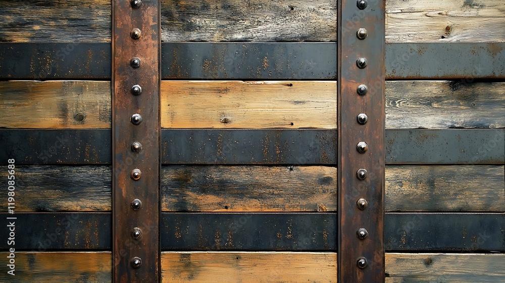 A front door with a layered design featuring overlapping wood and metal strips A front door with a layered design featuring overlapping wood and metal strips