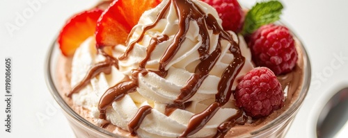 Delicious ice cream dessert with fresh fruit and chocolate drizzle photo