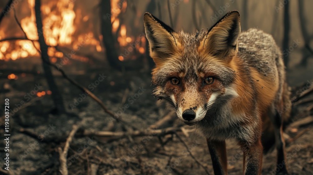 Fototapeta premium Fox in a Burned Forest: A Survivor's Gaze