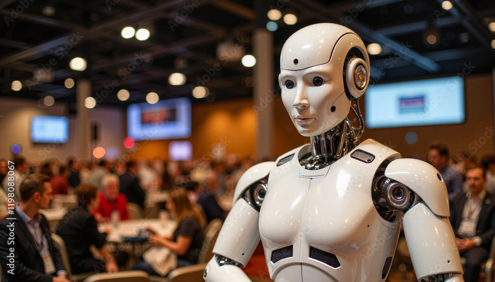 Emotionless humanoid robot at tech conference, AI innovation Emotionless humanoid robot at tech conference, AI innovation