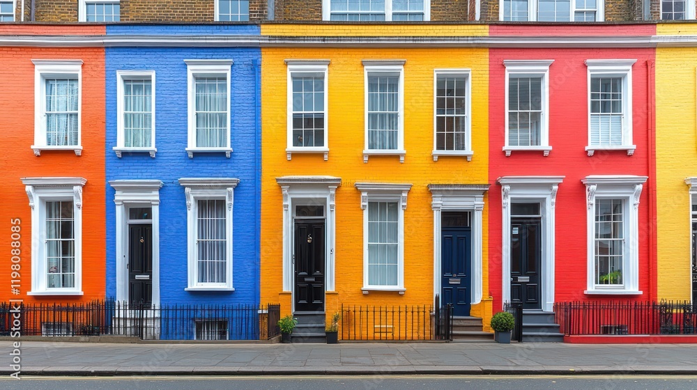 Fototapeta premium Colorful row of houses with vibrant blue, orange, and red facades, showcasing urban charm and creativity