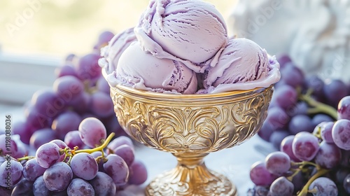 Purple grape ice cream in gold bowl, window light, grapes photo