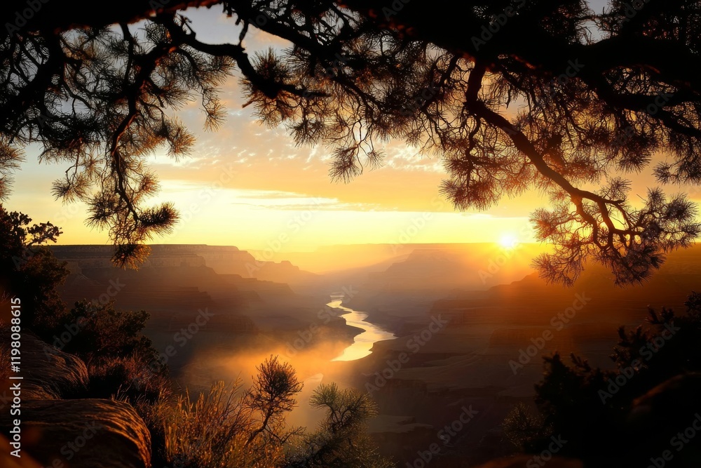 Sunrise over a winding river in a canyon with silhouetted trees framing the colorful sky Sunrise over a winding river in a canyon with silhouetted trees framing the colorful sky