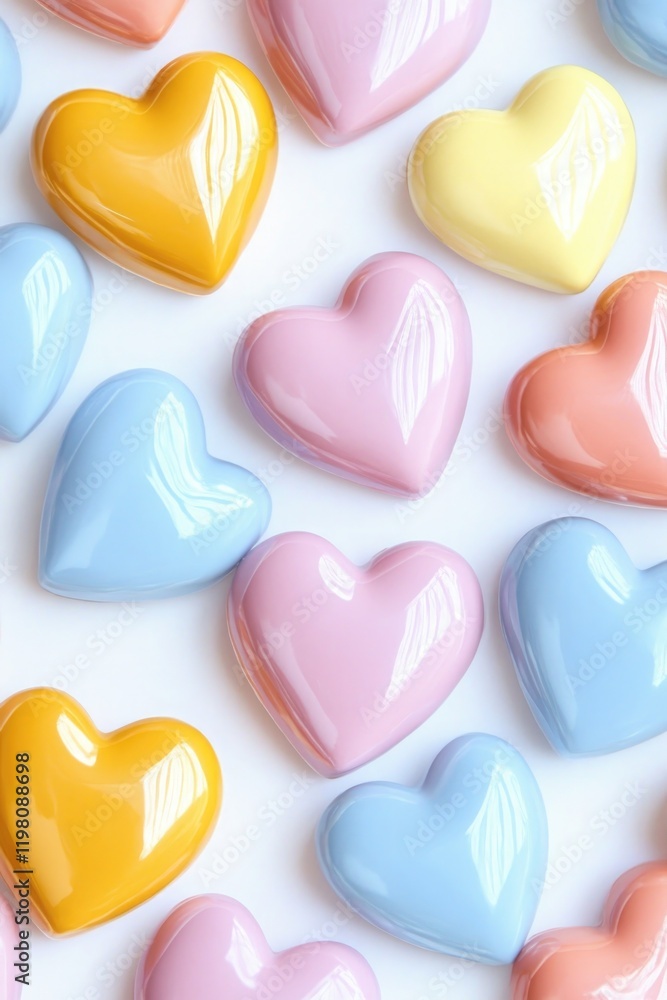 Obraz premium Glossy pastel hearts in soft colors arranged on a white surface