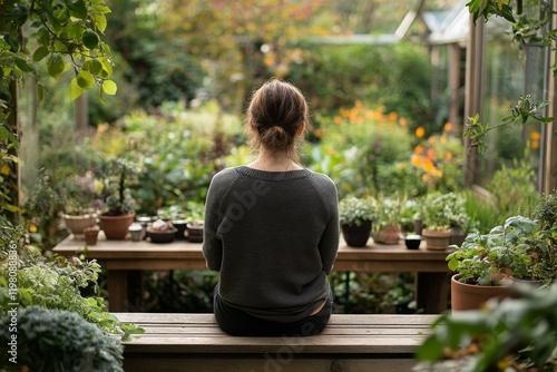Woman sitting peacefully in a garden surrounded by blooming plants and greenery during a sunny afternoon